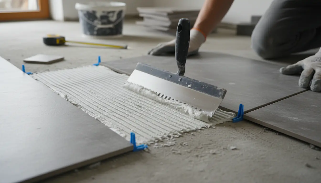 Pose de carrelage gris au sol avec spatule crantée et colle blanche, croisillons visibles sur support béton