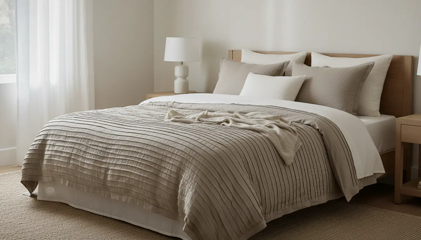 Chambre cocon avec parure de lit en lin naturel et housse de couette texturee