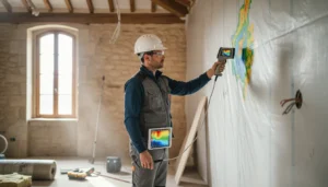 Auditeur énergétique avec caméra thermique inspectant une maison individuelle