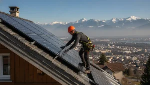 Technicien RGE installant des panneaux photovoltaïques sur un toit à Chambéry, vue sur les Alpes
