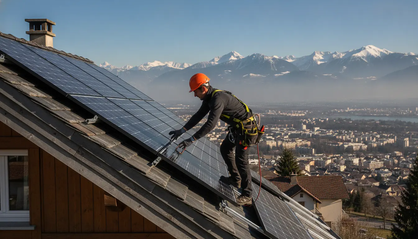 Technicien RGE installant des panneaux photovoltaïques sur un toit à Chambéry, vue sur les Alpes