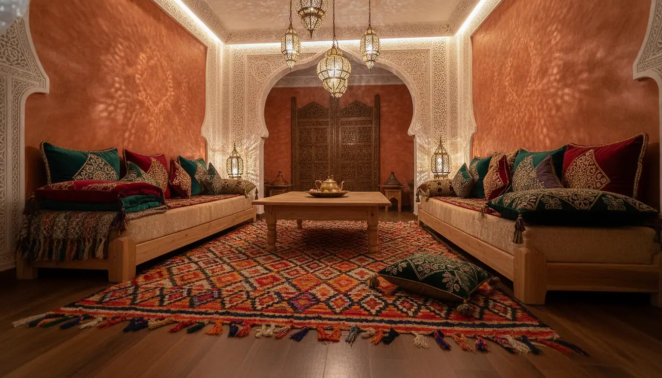 Salon de style oriental avec luminaires en laiton, tapis berbère et coussins brodés, ambiance maison asrar