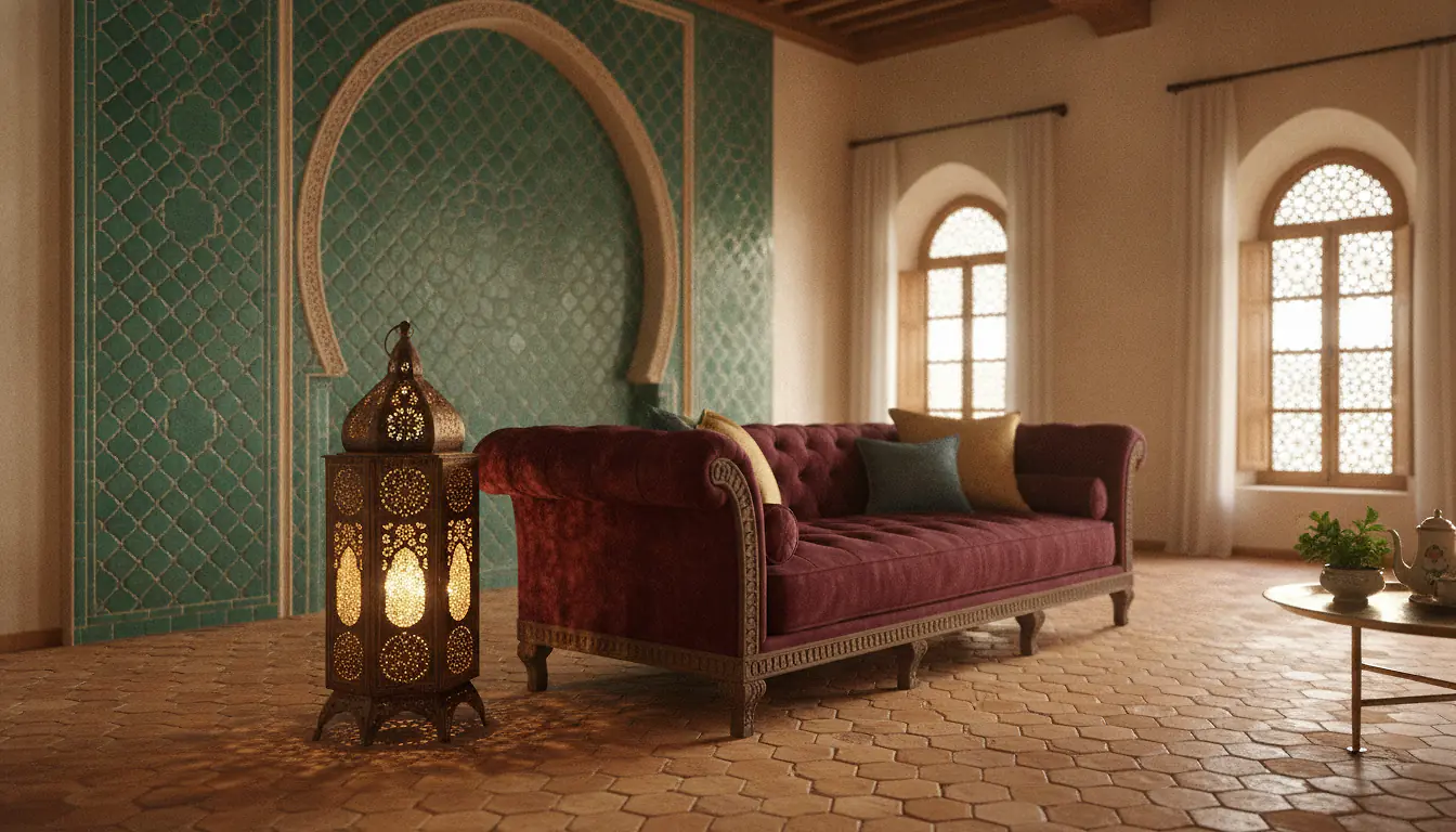 Salon maison Alhambra avec zellige turquoise, arche mauresque, sol en tomettes et luminaire en métal ciselé
