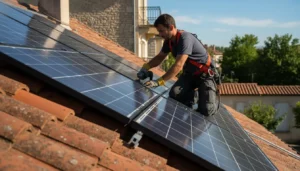 Installateur de panneaux solaires posant des modules photovoltaïques sur toiture résidentielle