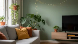 Salon cosy transformé à petit budget avec peinture murale foncée, plantes vertes et coussins colorés