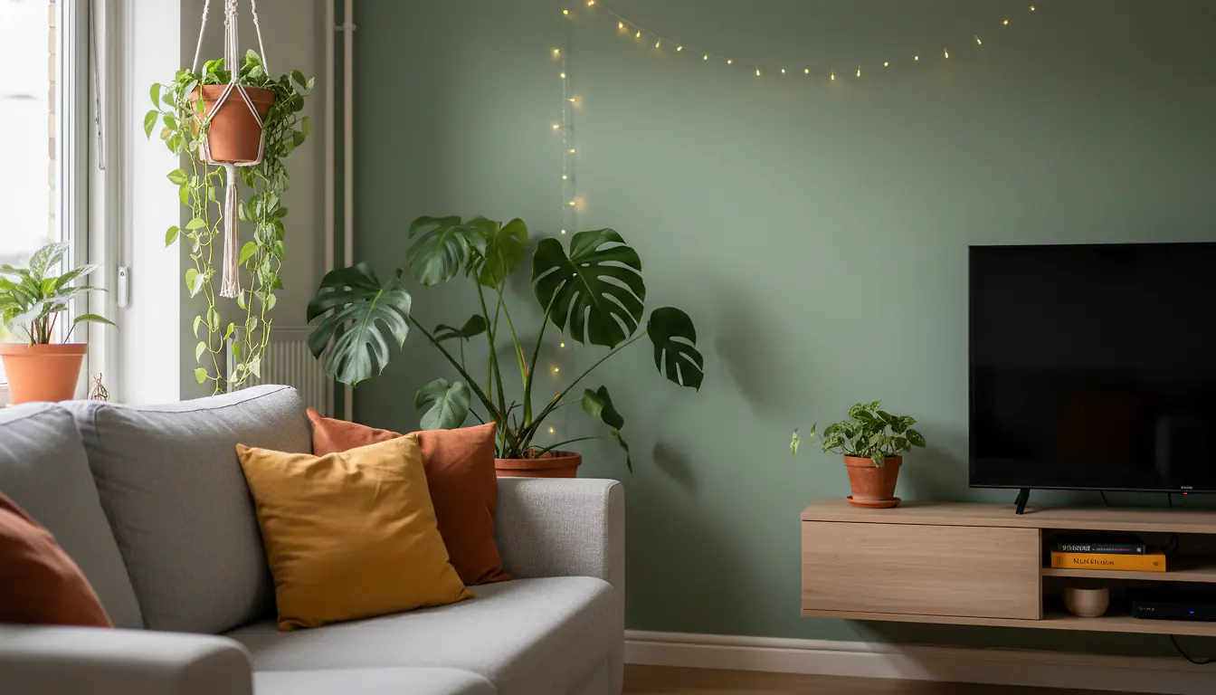 Salon cosy transformé à petit budget avec peinture murale foncée, plantes vertes et coussins colorés