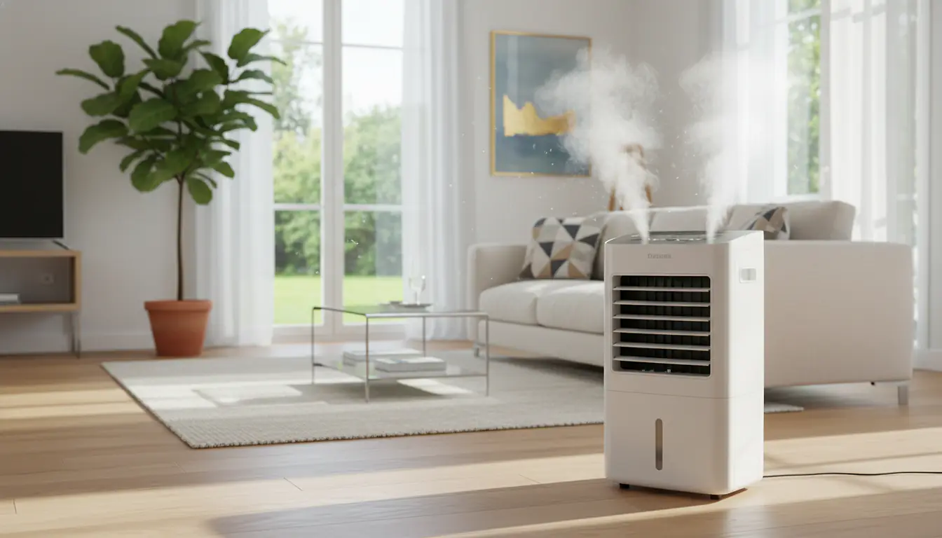 Rafraîchisseur adiabatique portable moderne dans un salon lumineux avec baies vitrées ensoleillées