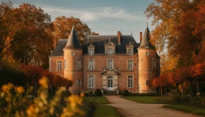Façade en briques rouges d'une maison de style château, jardin arboré en automne, lumière dorée