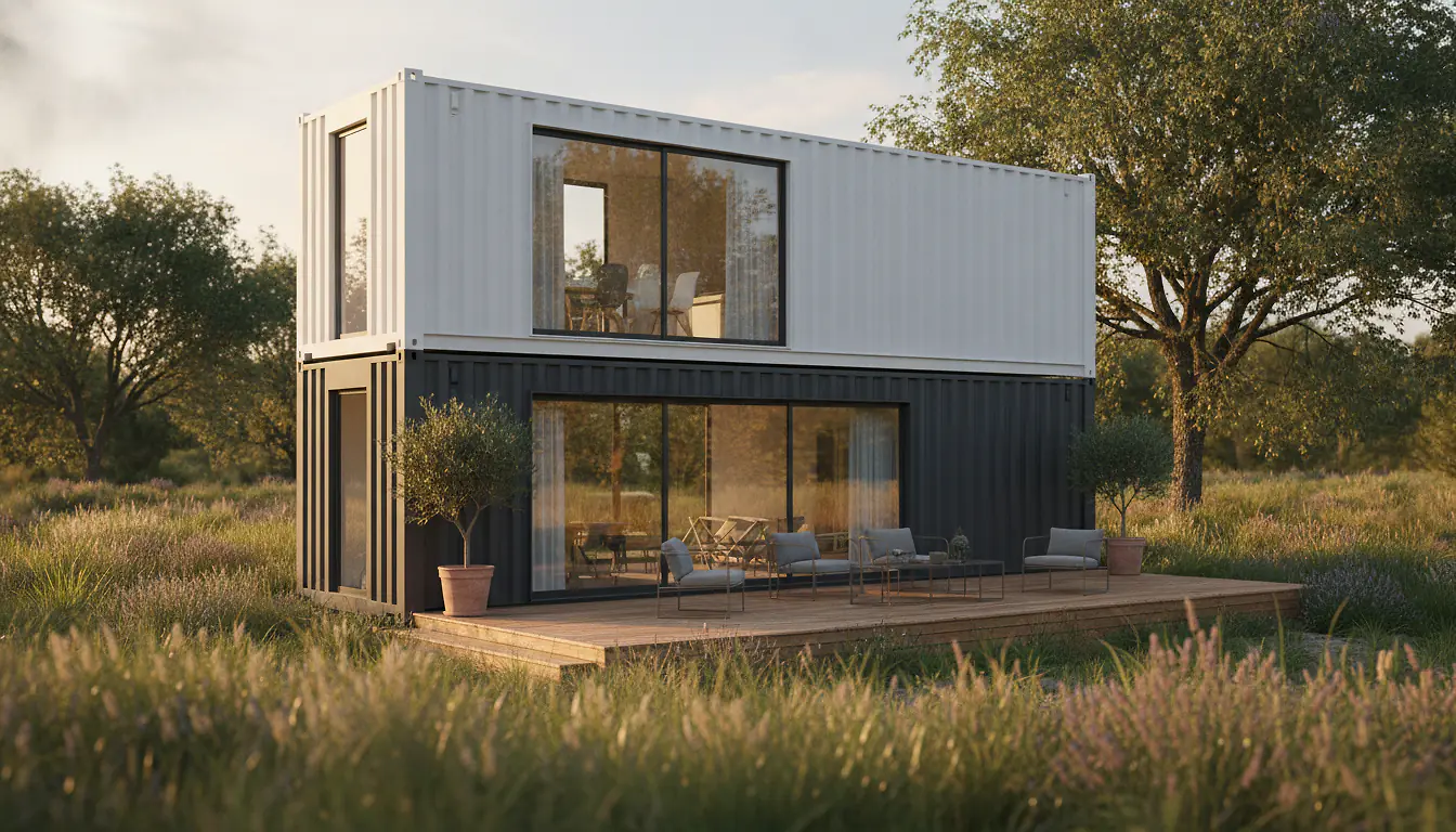 Maison container moderne blanche et grise avec terrasse bois et jardin verdoyant, vue extérieure ensoleillée