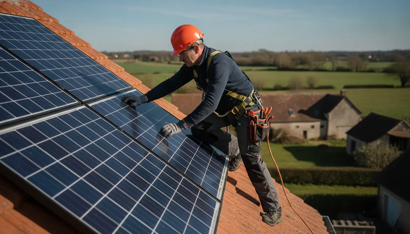Technicien installant des panneaux solaires photovoltaïques sur une toiture en tuiles dans l'Oise
