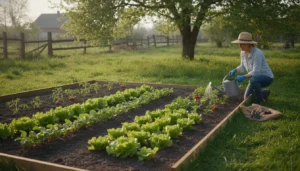 Potager débutant avec rangées de légumes bien organisées sous lumière naturelle