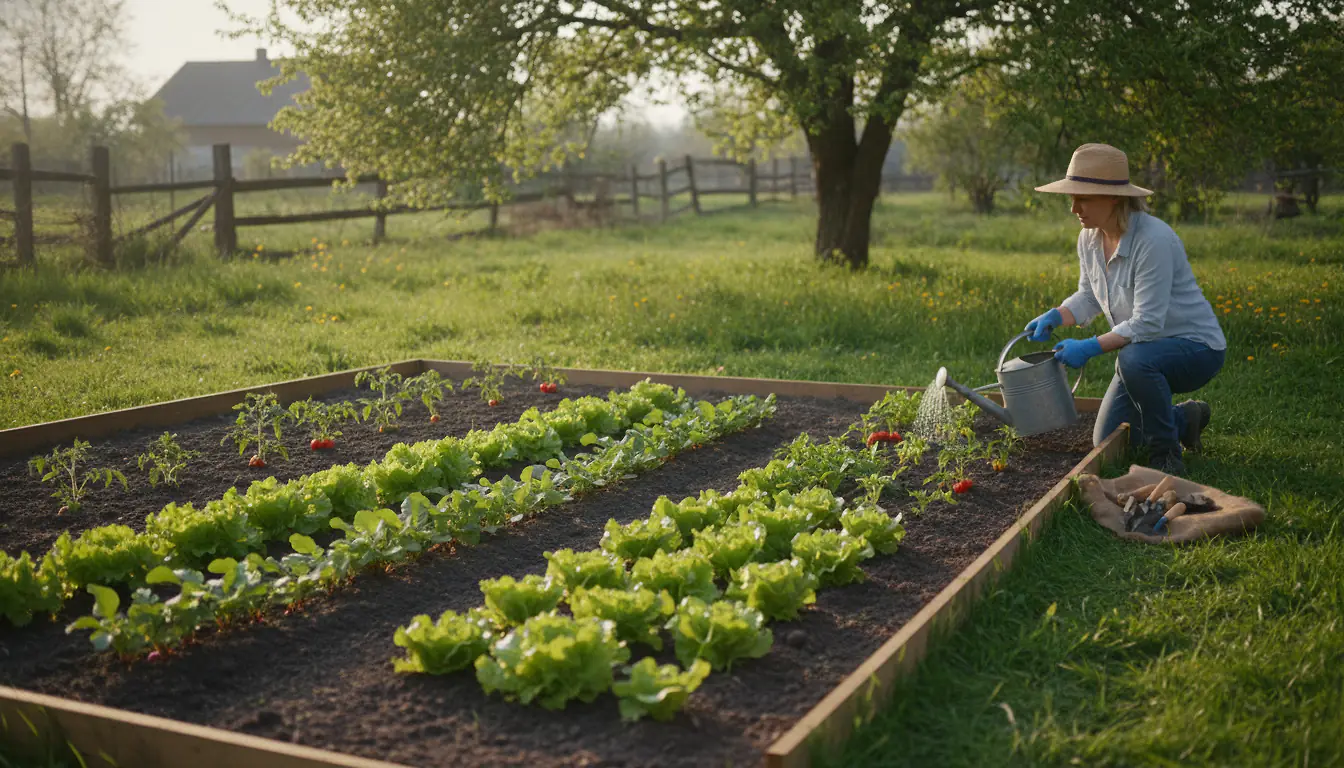 Potager débutant avec rangées de légumes bien organisées sous lumière naturelle