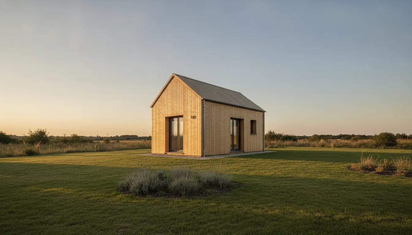 Maison individuelle à ossature bois moderne au bardage clair, jardin engazonné, lumière de fin d'après-midi