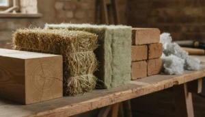 Échantillons de matériaux de construction écologiques : bois, paille, chanvre et terre crue posés sur un établi