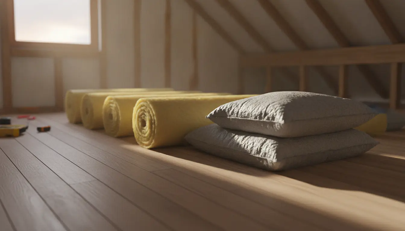 Rouleaux de laine de verre et sac de ouate de cellulose posés sur un plancher de combles en bois